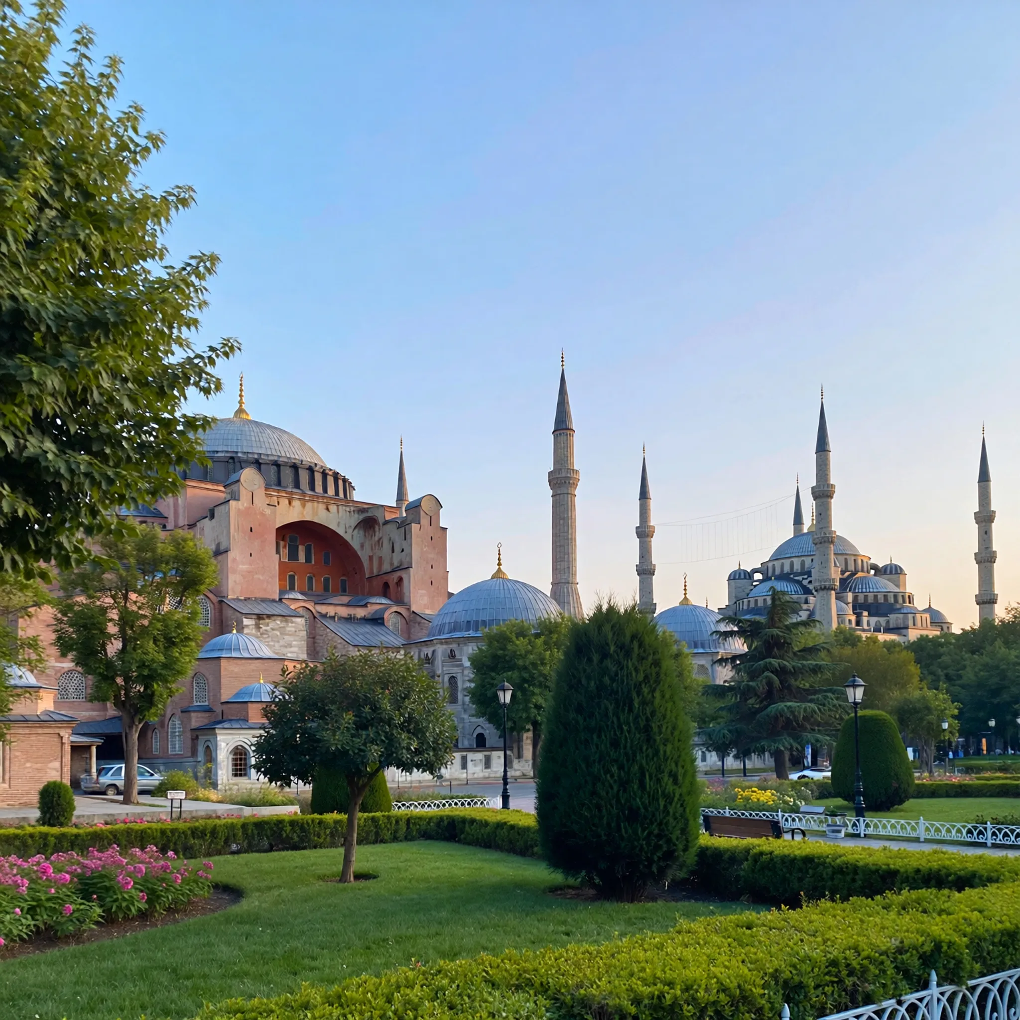 Hagia Sophia i Błękitny Meczet w Sultanahmet, otoczone zielenią, ukazujące bizantyjską i osmańską architekturę.
