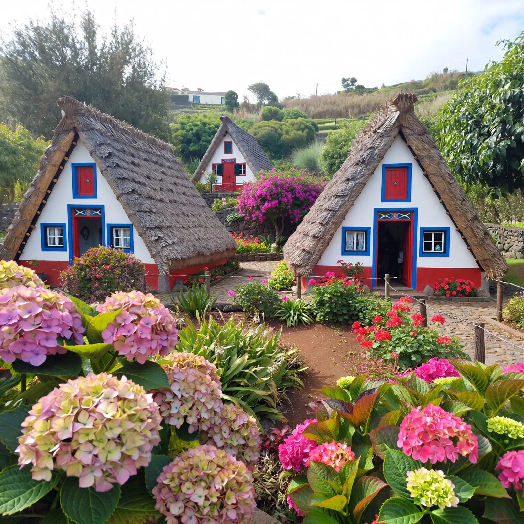 Tradycyjne casas de colmo w Santanie, z białymi ścianami i czerwono-niebieskimi zdobieniami, otoczone zielenią i kwiatami.