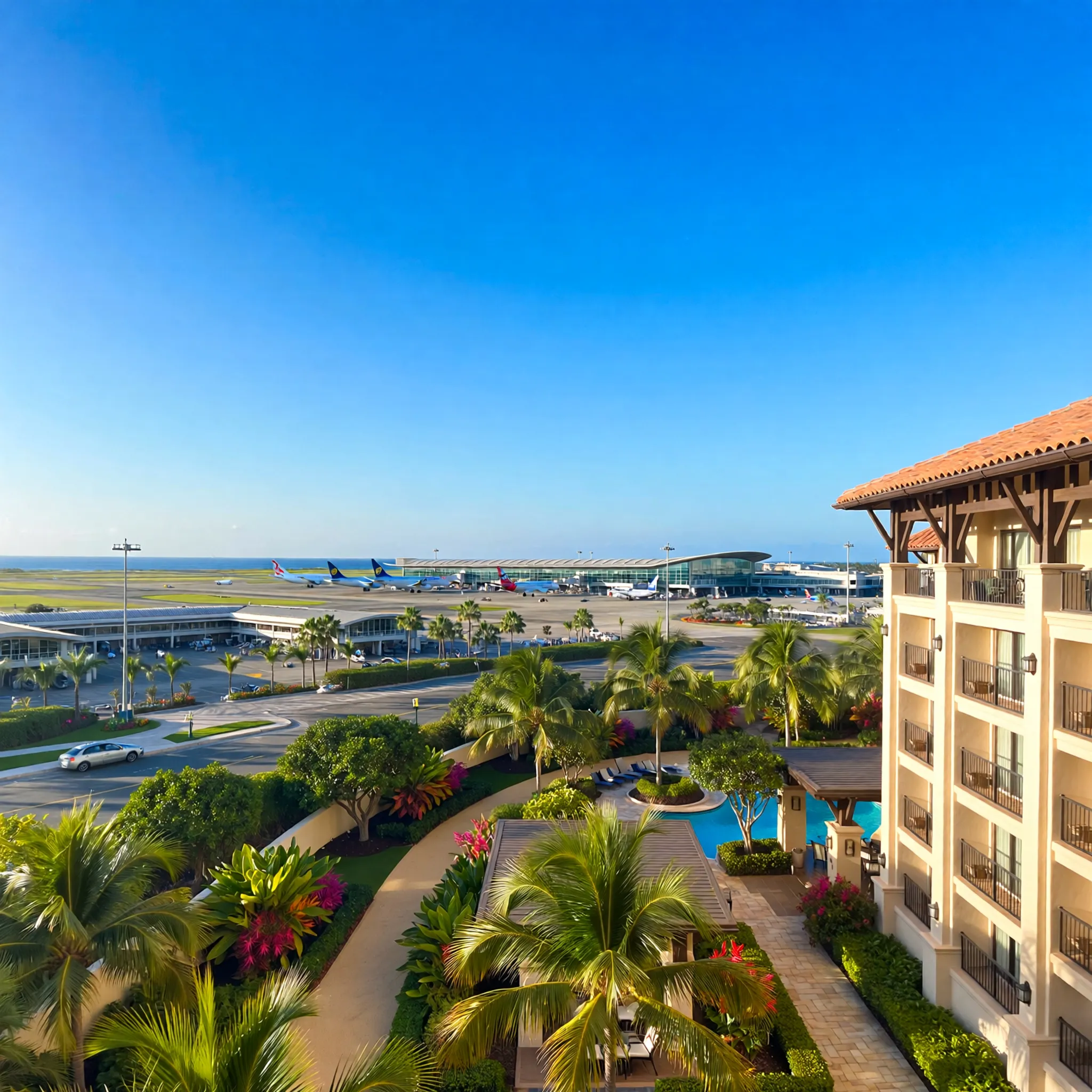 Sceniczny widok kurortu turystycznego z hotelem na pierwszym planie i lotniskiem w tle, podkreślający odległość między nimi.
