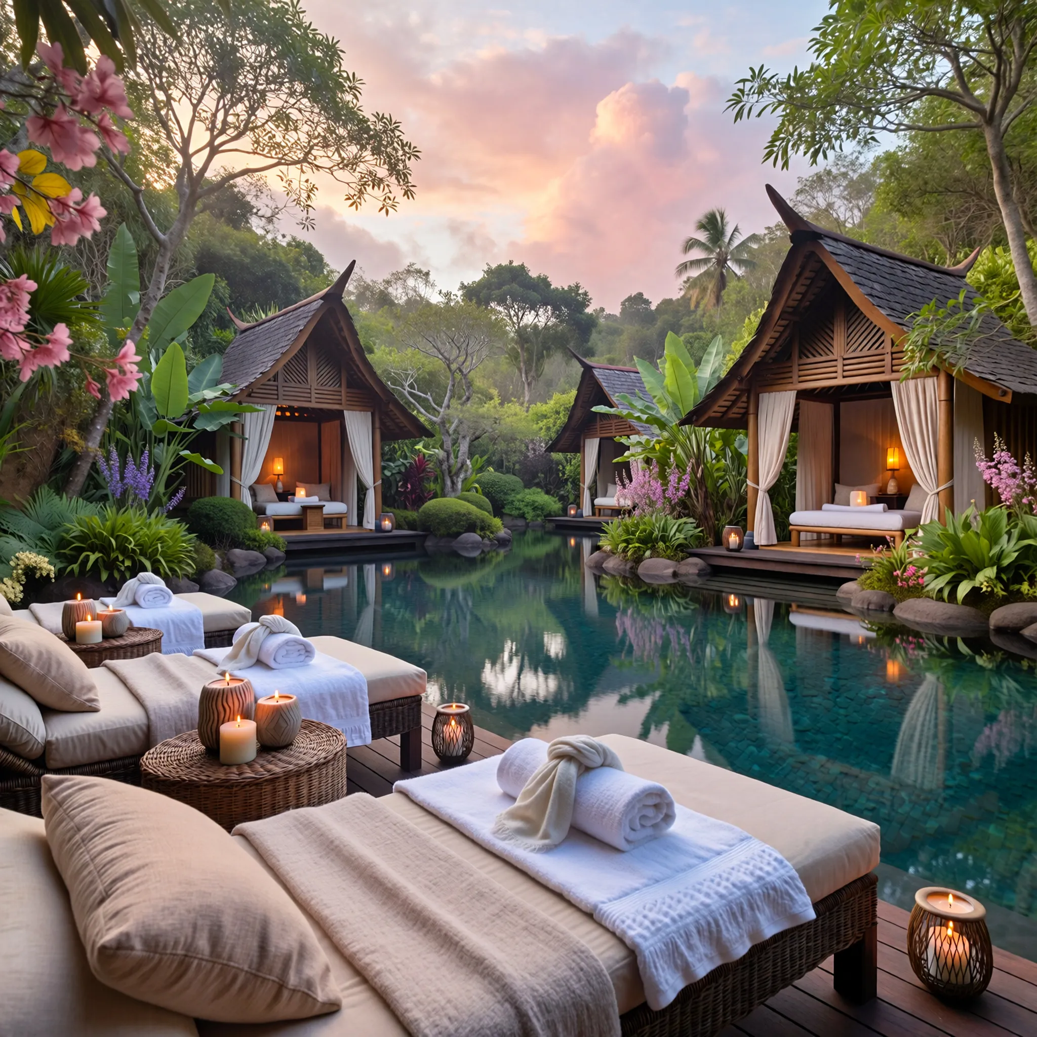 Luksusowa strefa spa na świeżym powietrzu z prywatnymi kabinami, basenem i romantyczną atmosferą dla par.