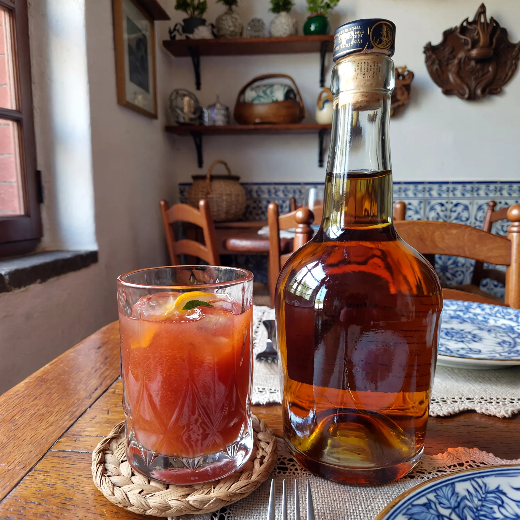 Stół w restauracji w Funchal z butelką wina Madera i tradycyjnym napojem Poncha, otoczony lokalnym wystrojem i naturalnym światłem.