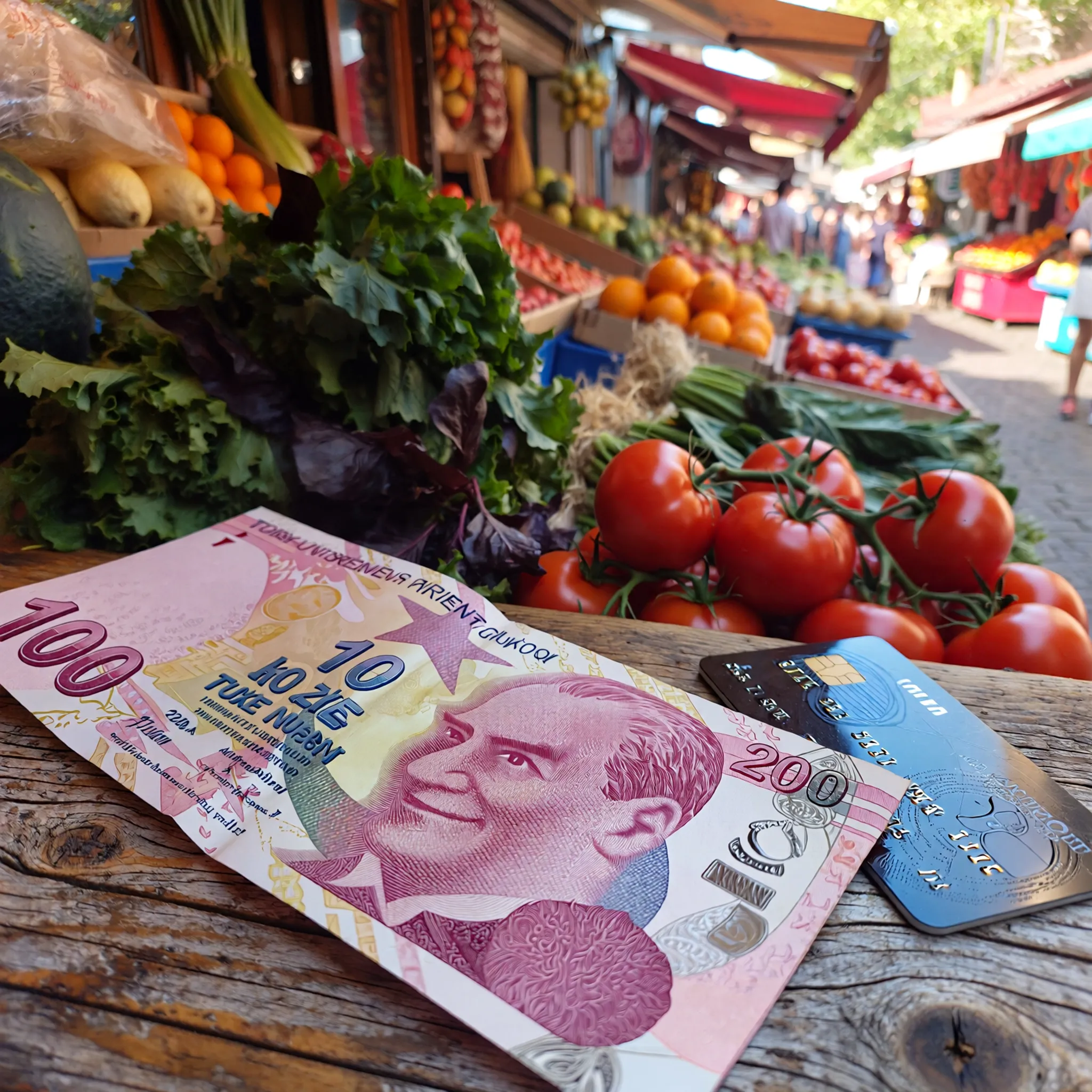 Turkish lira banknote and multi-currency card on a wooden table, with a vibrant bazaar scene in the background.