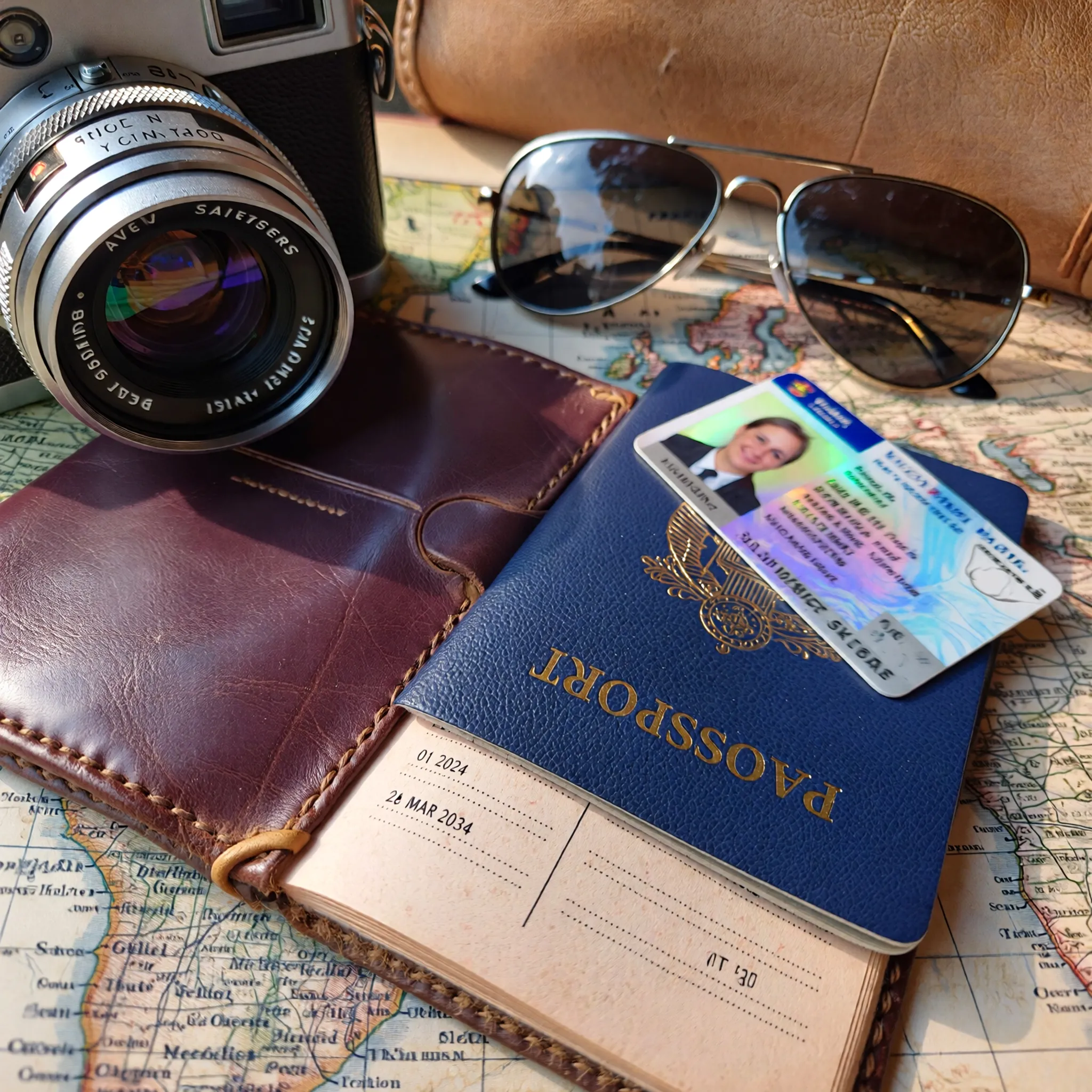 Paszport i dowód osobisty na tle mapy i akcesoriów podróżniczych, podkreślające ważność dokumentów tożsamości.