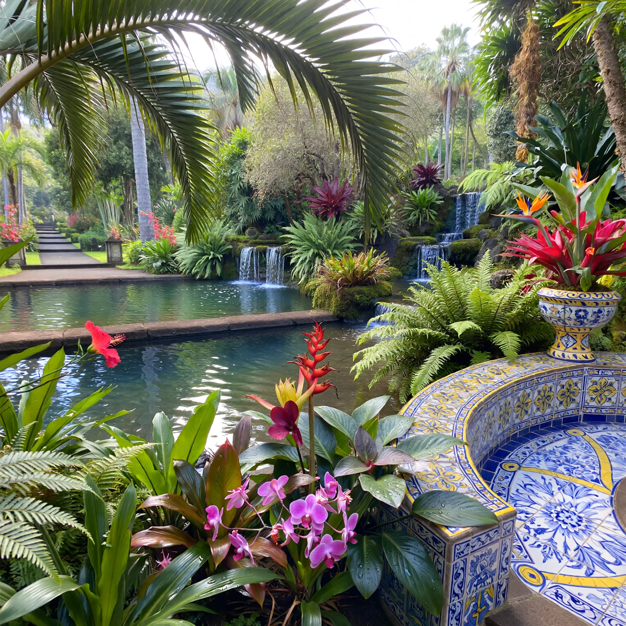 Tropikalna roślinność i azulejos w Monte Palace Madeira