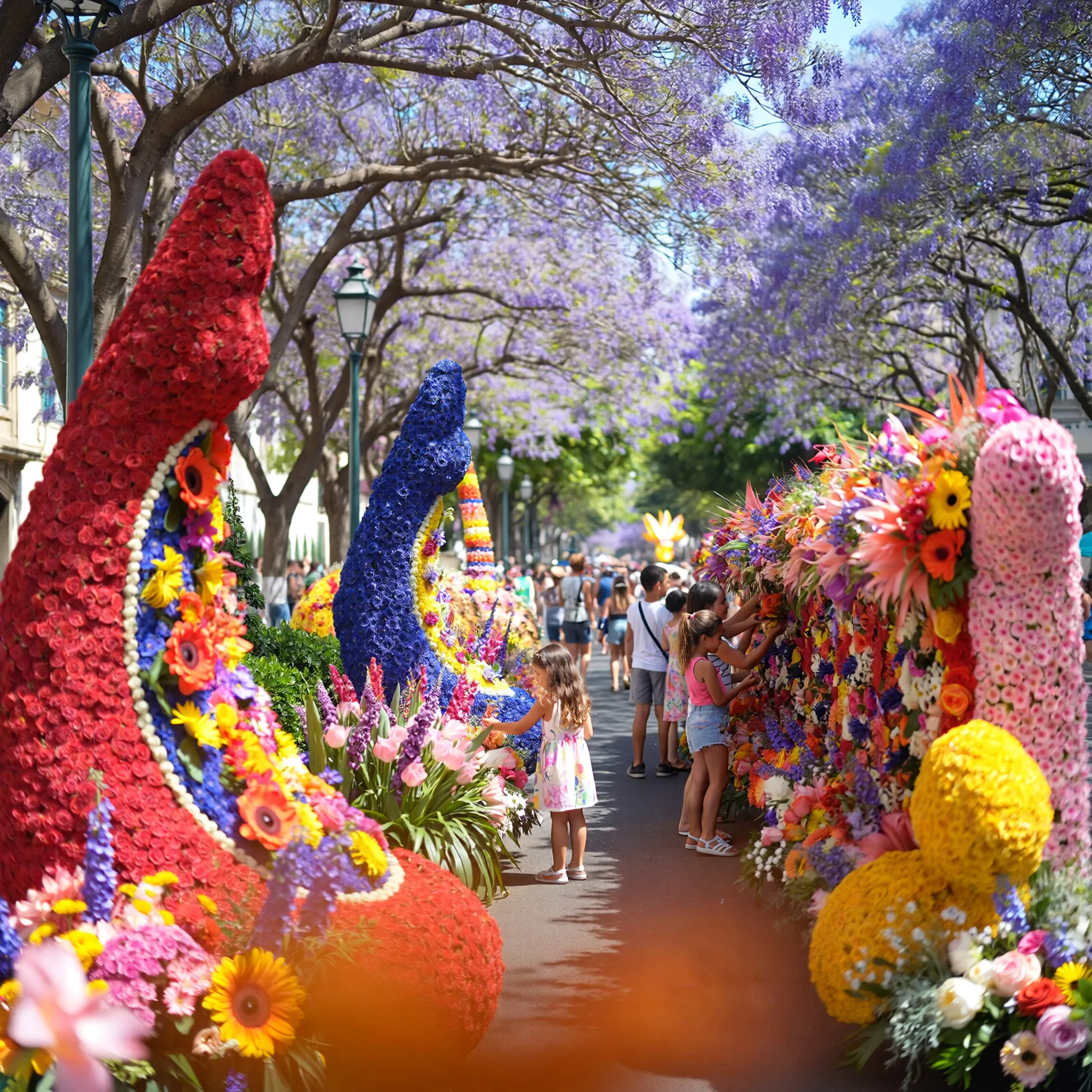 Festiwal Kwiatów w Funchal z kolorowymi dekoracjami, dziećmi przy Ścianie Nadziei i kwitnącymi drzewami jacaranda.