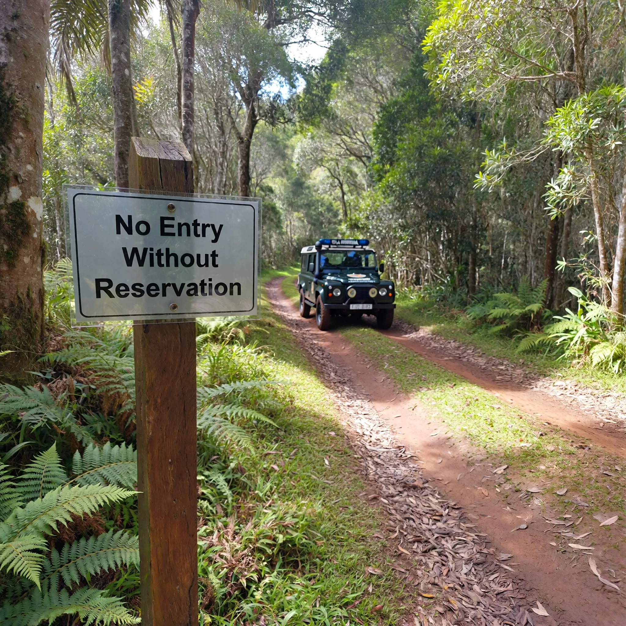 Tablica 'No Entry Without Reservation' przy leśnej ścieżce z patrolem Polícia Florestal, podkreślająca znaczenie przestrzegania regulacji.