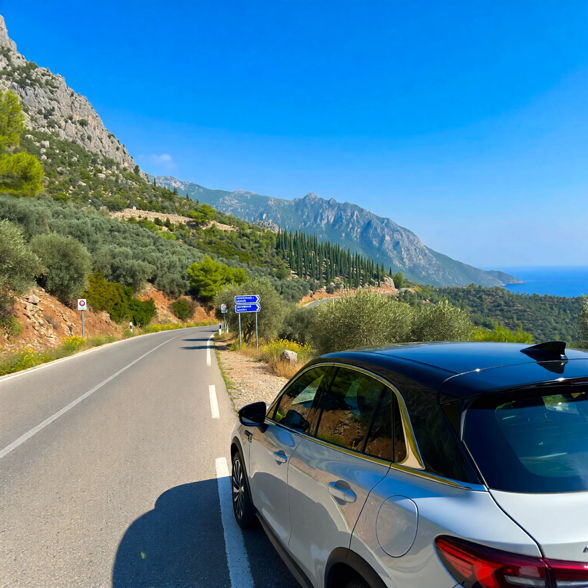 Szykowny samochód wynajęty na malowniczej drodze w Turcji, otoczony zielenią i górami, idealny do odkrywania starożytnych miast.