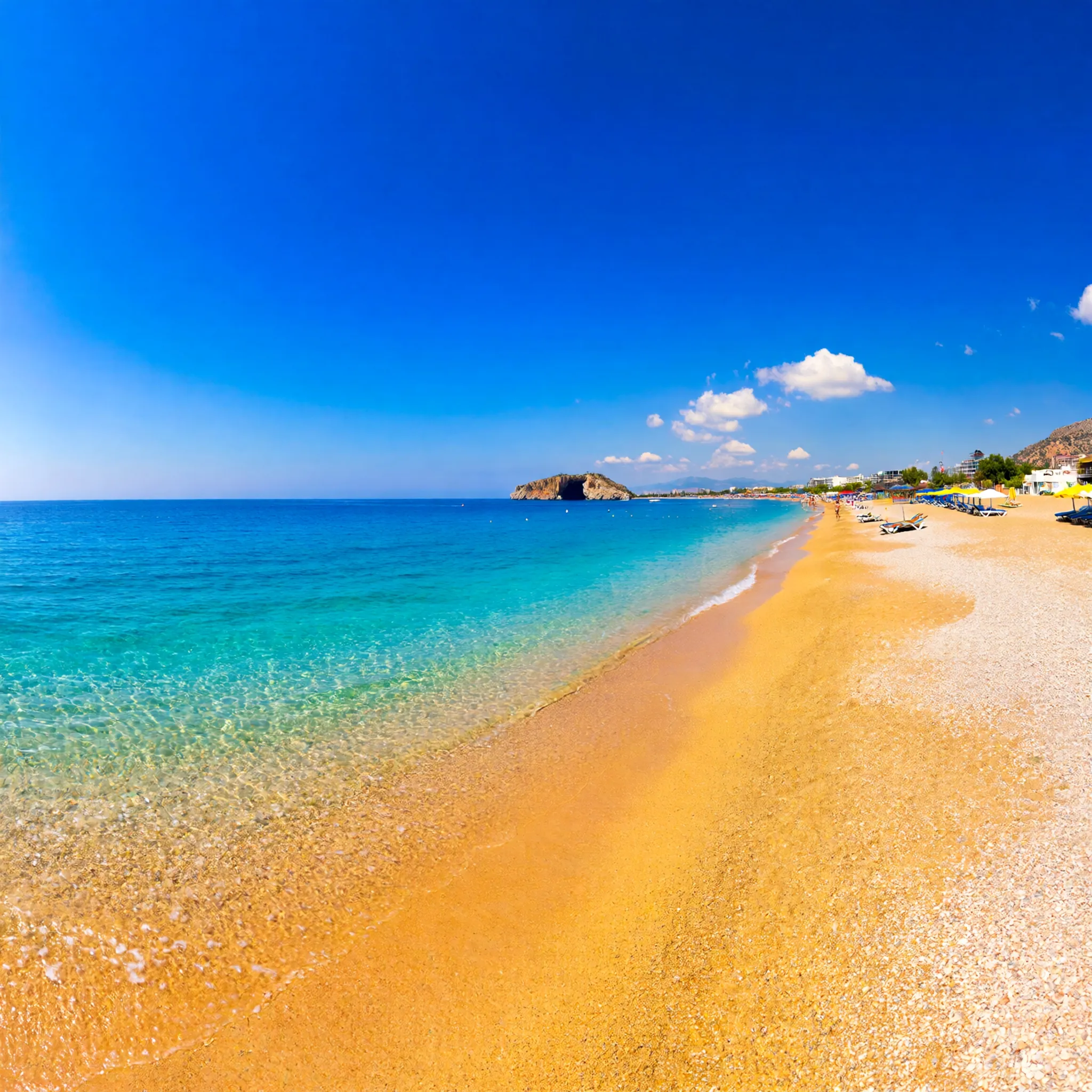 Panoramiczny widok Plaży Kleopatry w Alanyi z piaszczystym wybrzeżem, krystalicznie czystą wodą i Damlataş Cave w tle.