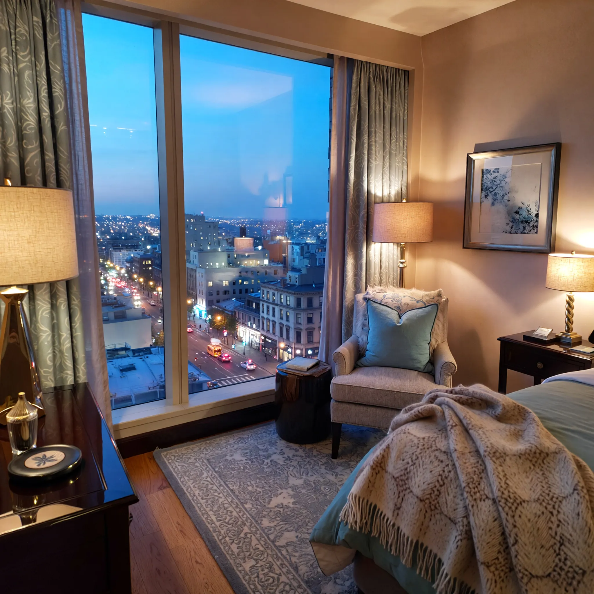 Przytulny pokój hotelowy z widokiem na tętniącą życiem metropolię, w ciepłych odcieniach beżu i błękitu.